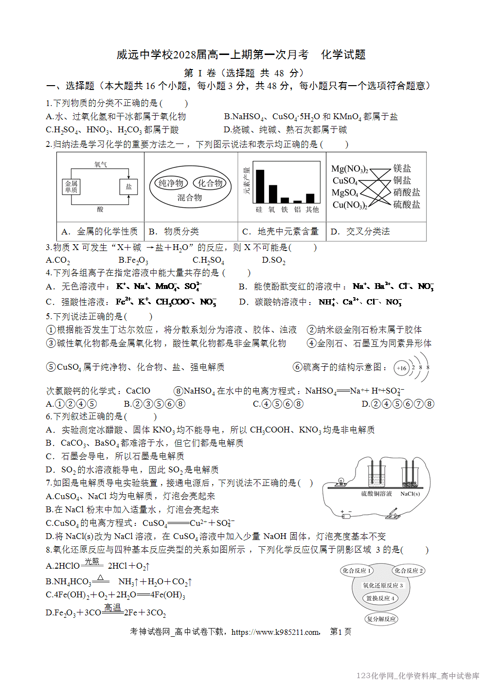 四川省内江市威远中学2025-2026学年高一上学期第一次月考化学试卷word版含答案